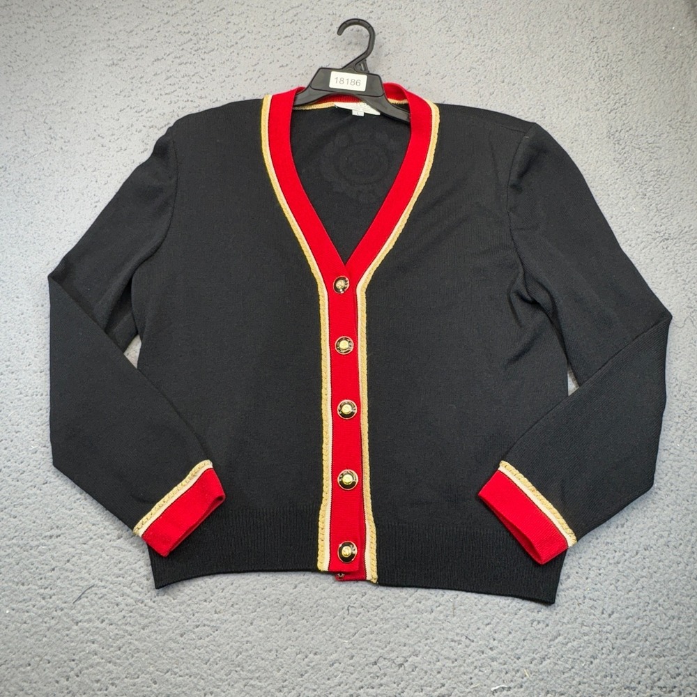 St John Santana Knit Cardigan Womens Large Black Red Gold Crest Logo Marie Gray